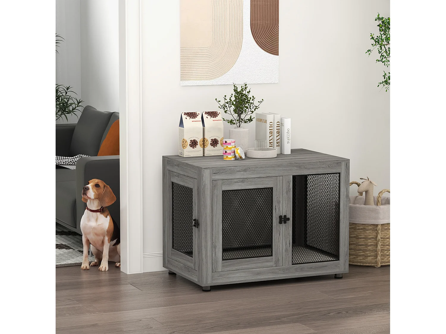 Cage pour chien à 2 portes, design robuste et confortable, contreplaqué, gris, avec coussin lavable et pieds réglables (94x60x71.5cm)