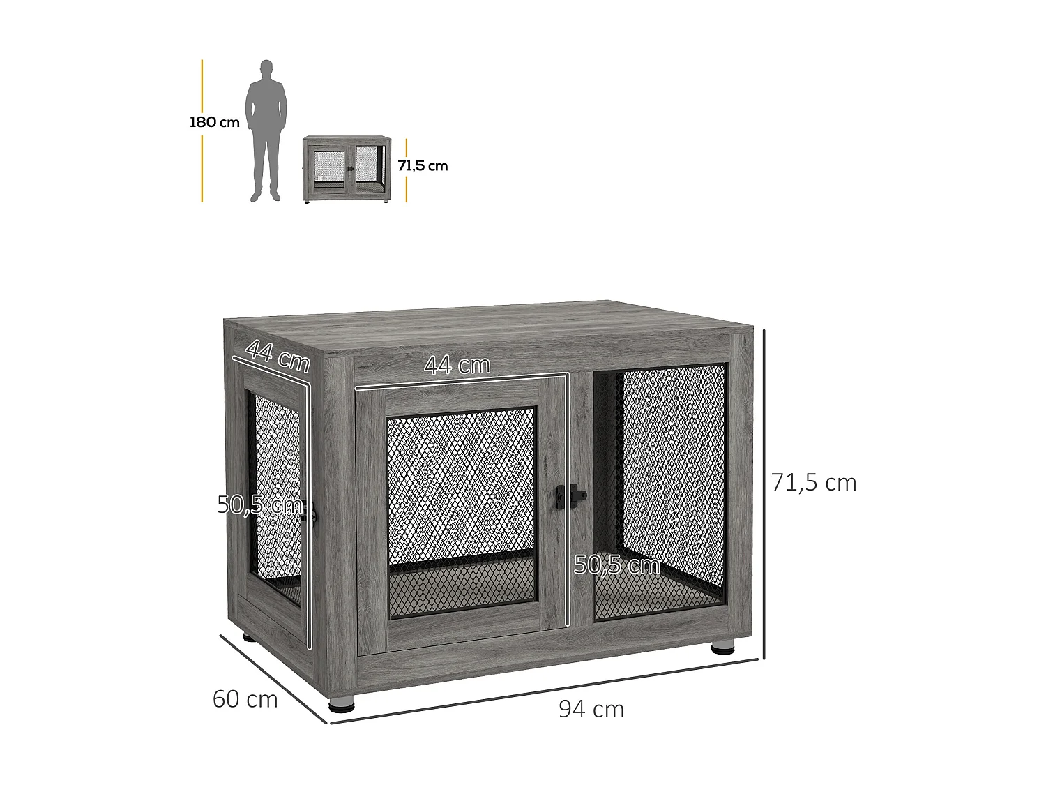 Cage pour chien à 2 portes, design robuste et confortable, contreplaqué, gris, avec coussin lavable et pieds réglables (94x60x71.5cm)