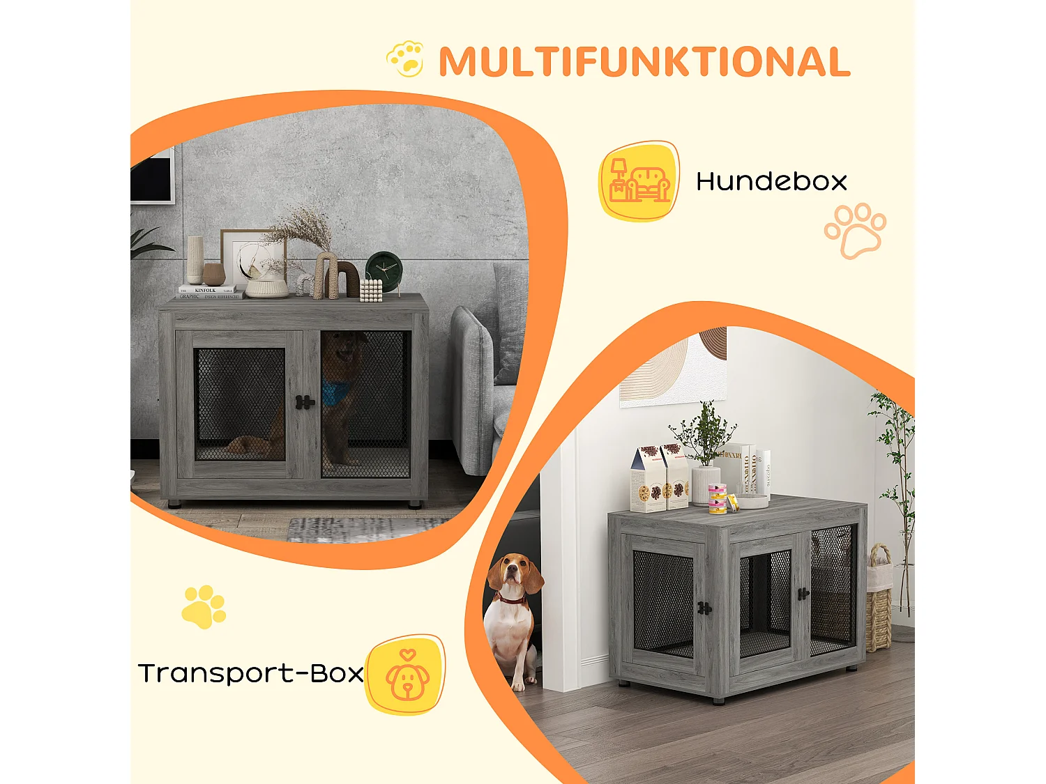 Cage pour chien à 2 portes, design robuste et confortable, contreplaqué, gris, avec coussin lavable et pieds réglables (94x60x71.5cm)