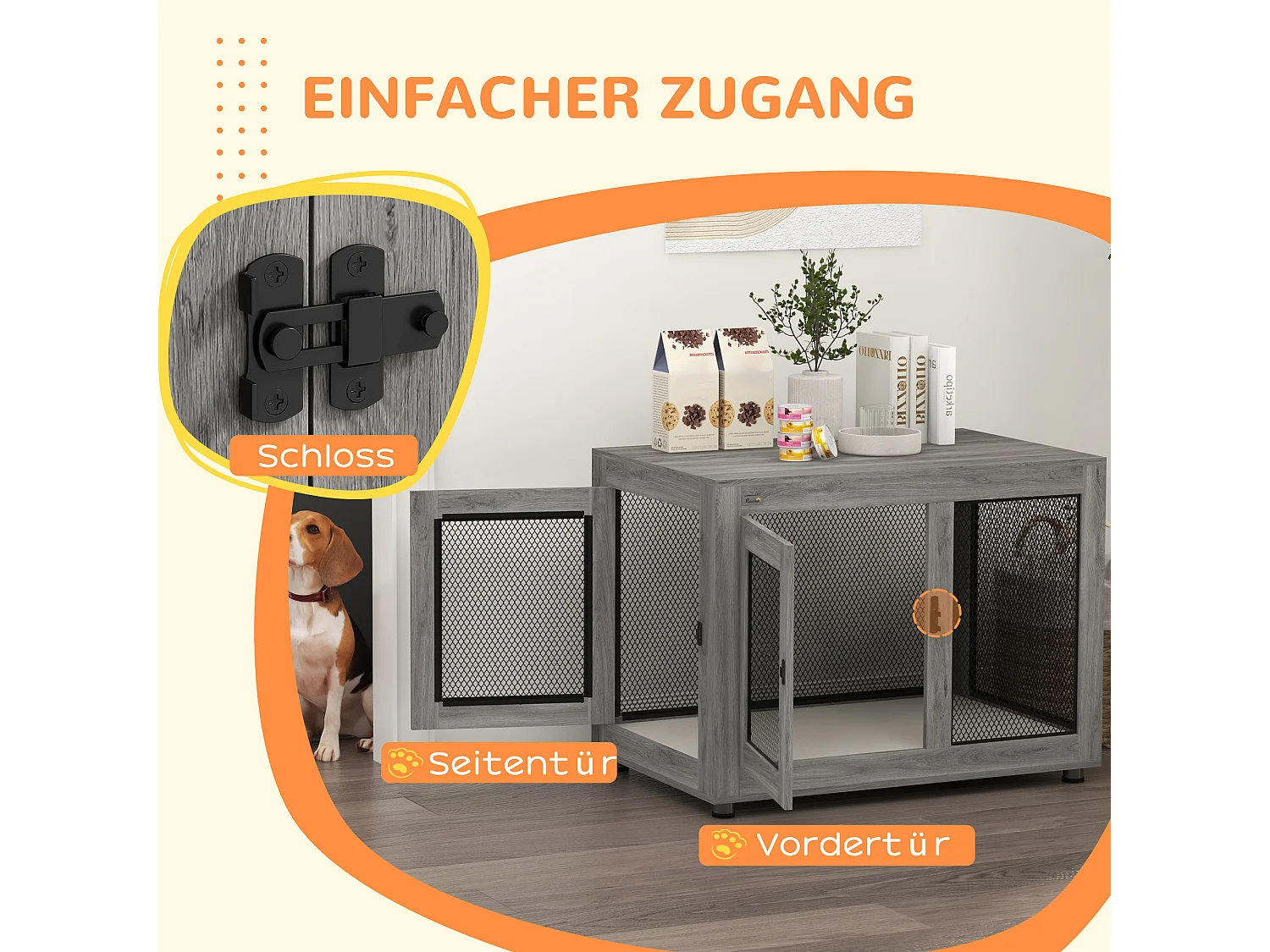 Cage pour chien à 2 portes, design robuste et confortable, contreplaqué, gris, avec coussin lavable et pieds réglables (94x60x71.5cm)