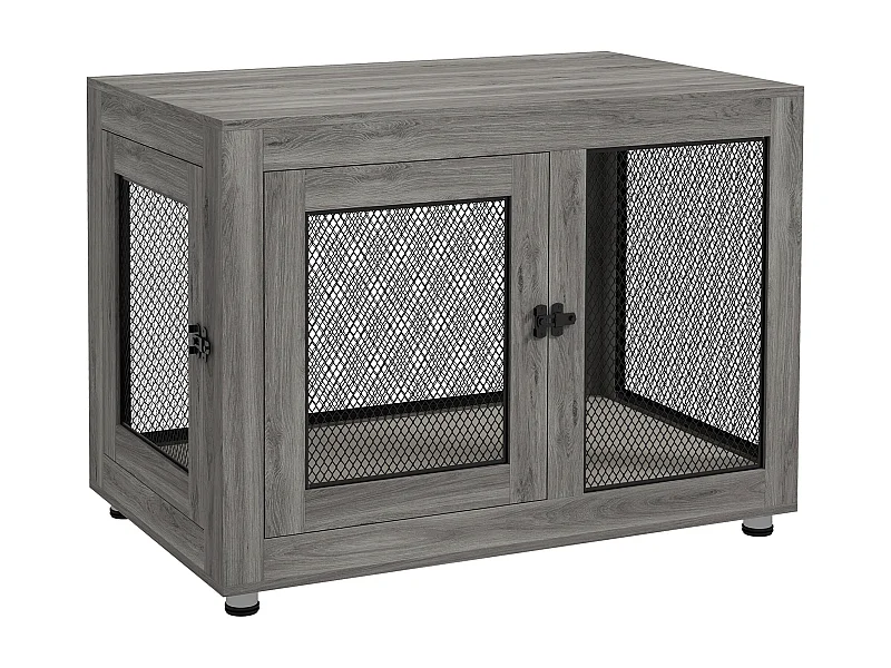 Transportín para perros de 2 puertas, diseño robusto y cómodo, madera contrachapada, color gris, con cojín lavable y patas ajustables (94x60x71,5cm)