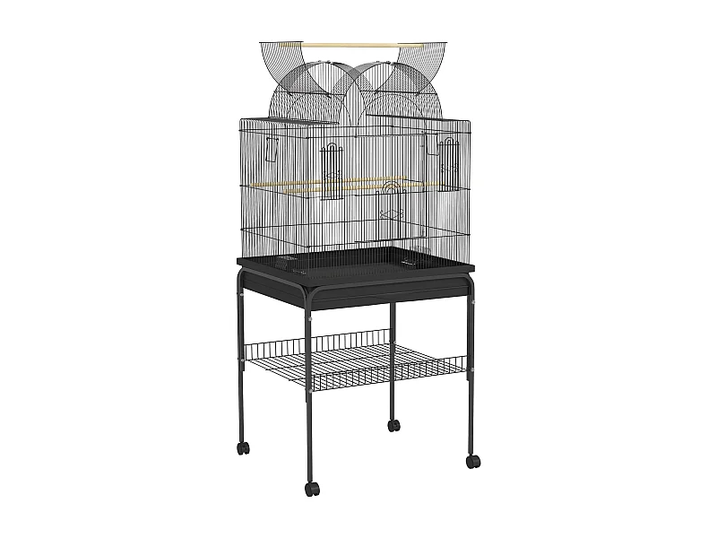 Grande cage à oiseaux pour perruches avec plateau, mangeoires et roulettes, acier, noir (63x53x144cm)