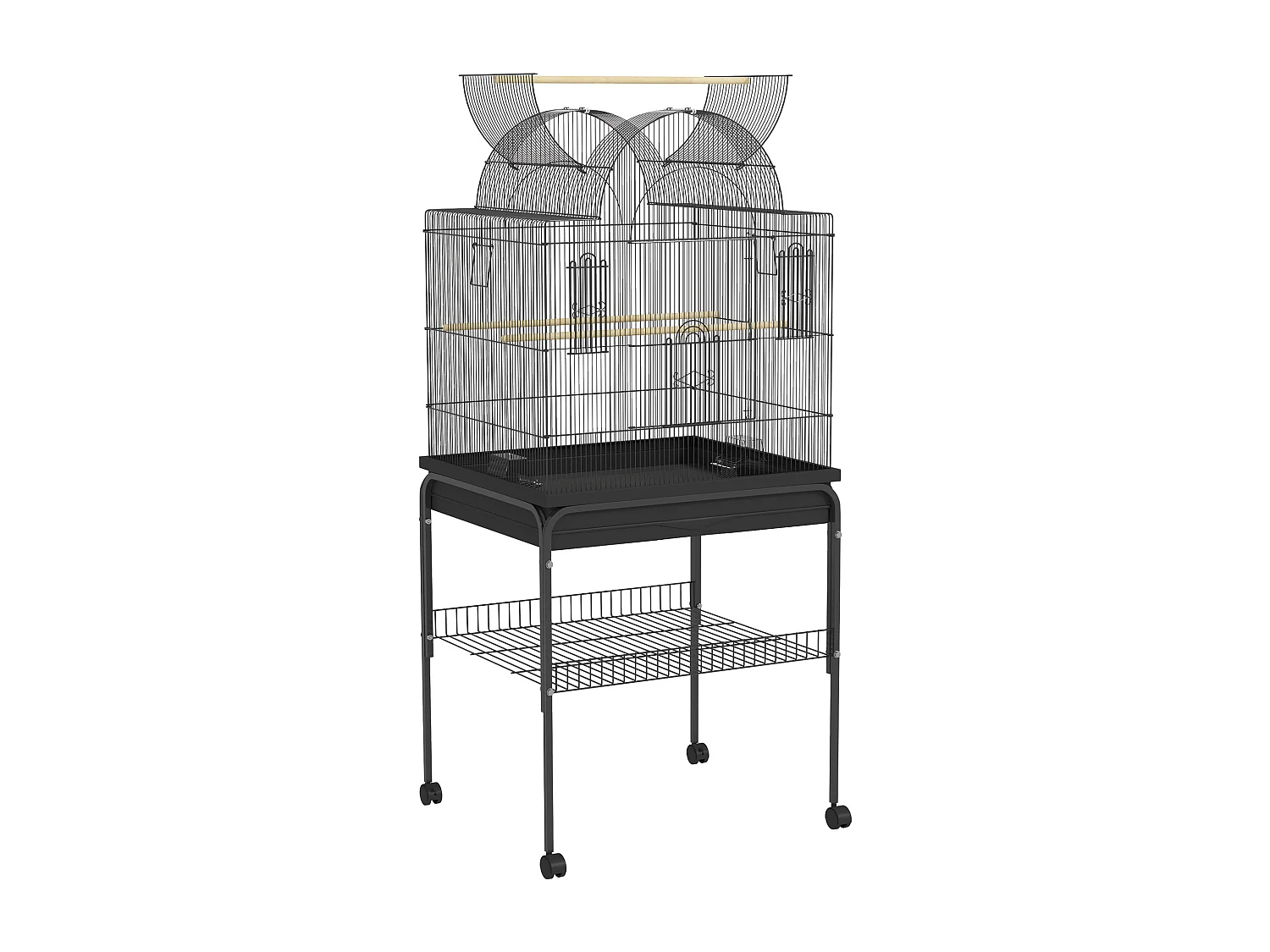 Grote vogelkooi voor parkieten met lade, voerbakken en wielen, staal, zwart (63x53x144cm)