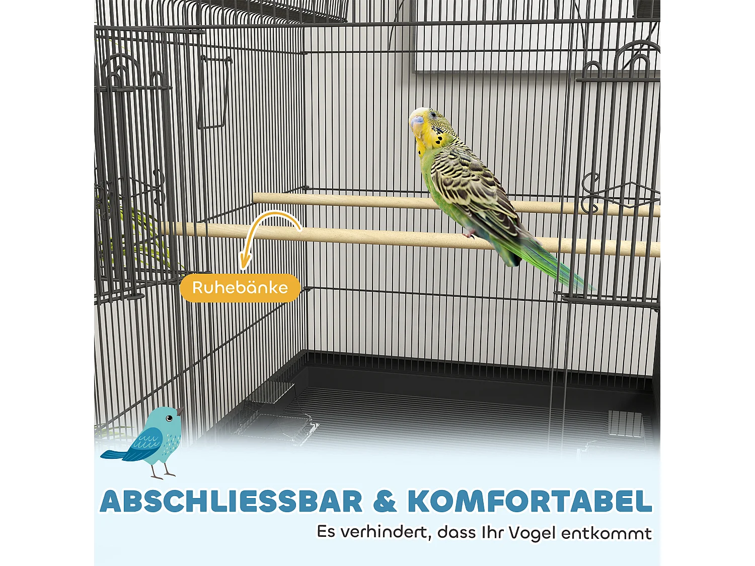 Grote vogelkooi voor parkieten met lade, voerbakken en wielen, staal, zwart (63x53x144cm)