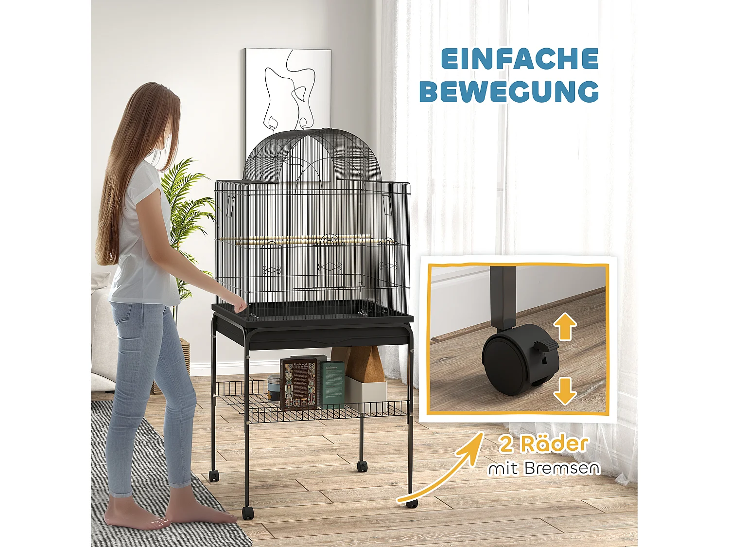 Grote vogelkooi voor parkieten met lade, voerbakken en wielen, staal, zwart (63x53x144cm)