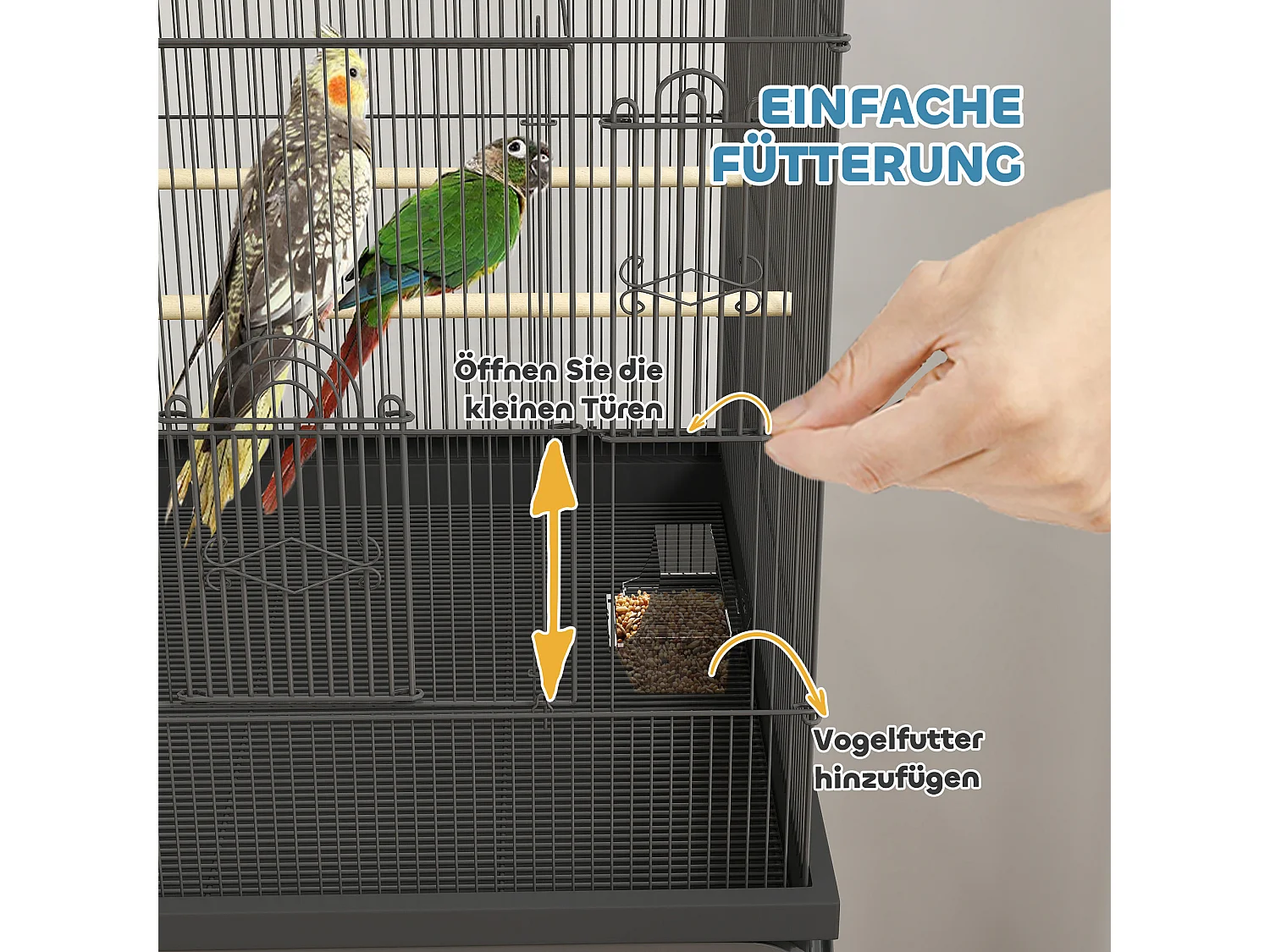 Grote vogelkooi voor parkieten met lade, voerbakken en wielen, staal, zwart (63x53x144cm)