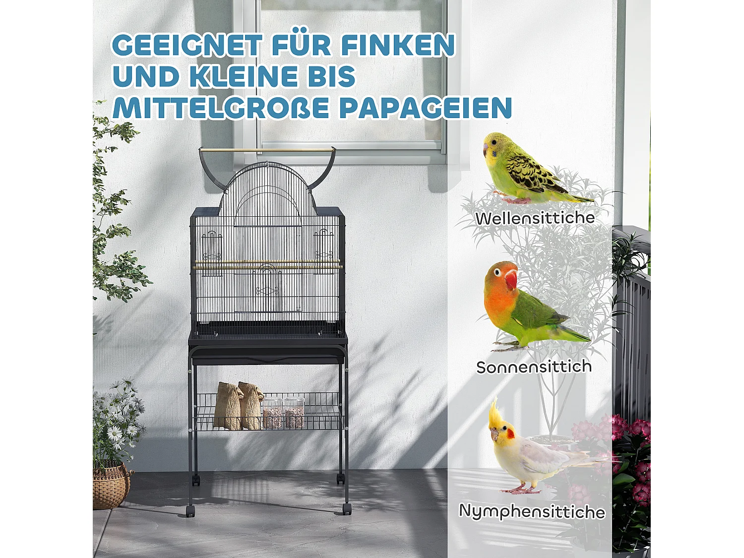 Grote vogelkooi voor parkieten met lade, voerbakken en wielen, staal, zwart (63x53x144cm)