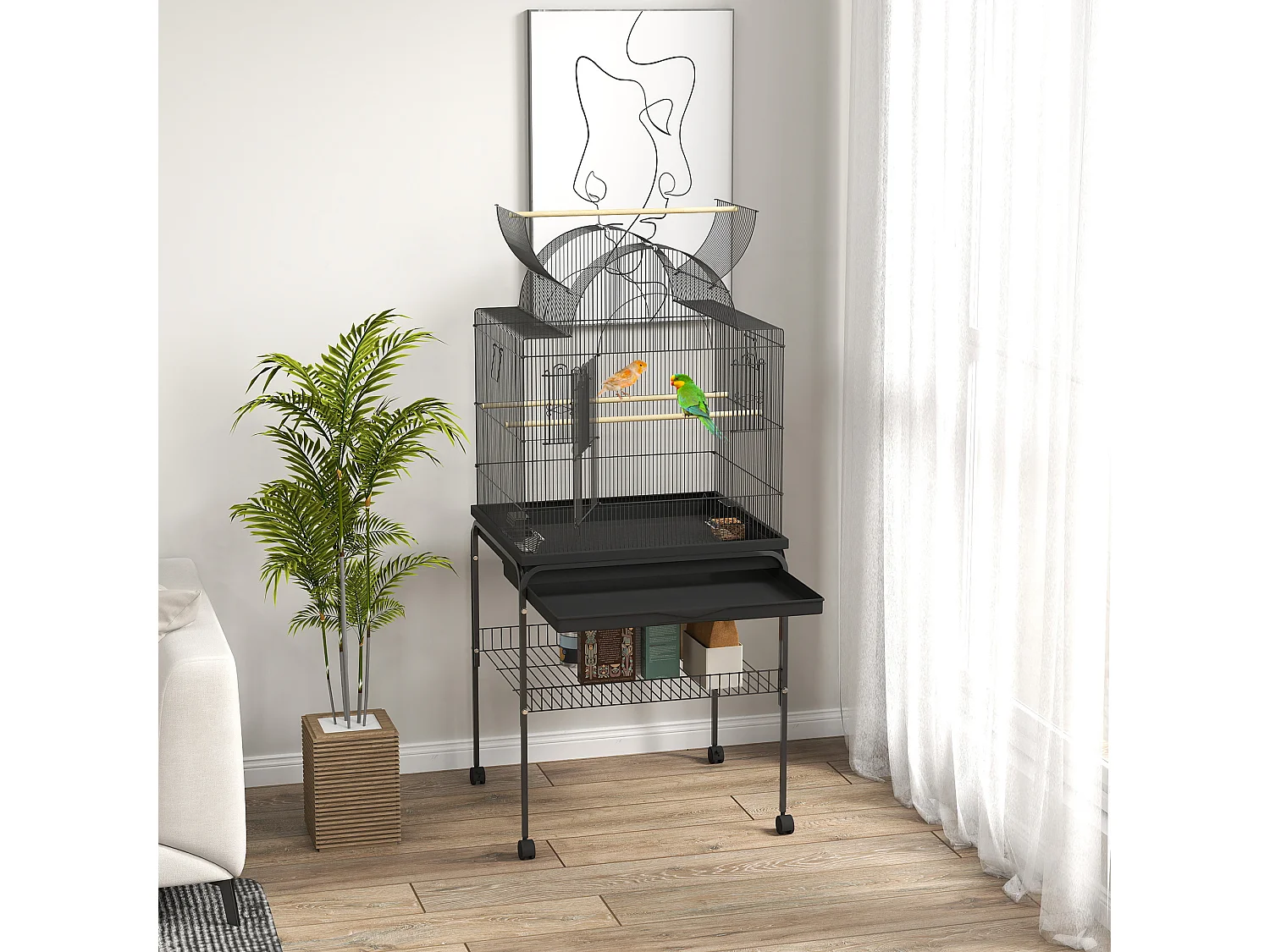 Grande cage à oiseaux pour perruches avec plateau, mangeoires et roulettes, acier, noir (63x53x144cm)