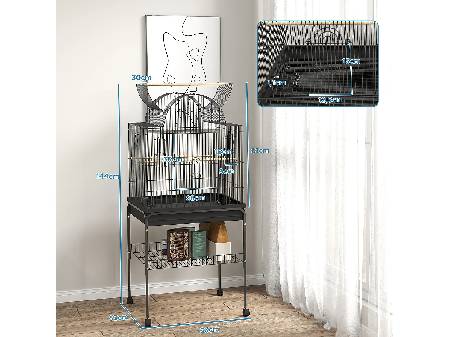 Grande cage à oiseaux pour perruches avec plateau, mangeoires et roulettes, acier, noir (63x53x144cm)