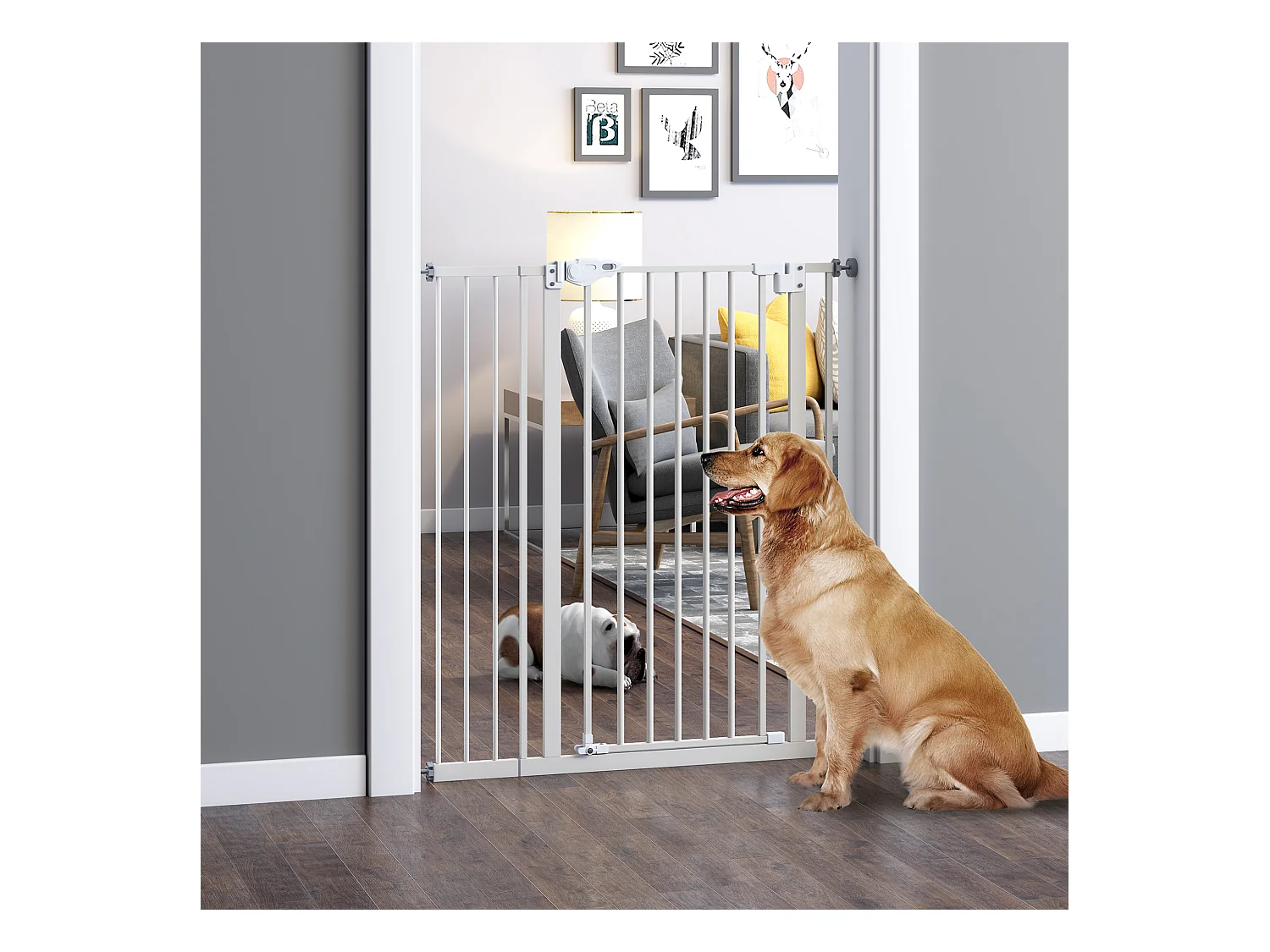 Grille de protection pour porte sans perçage, réglable en largeur, à double verrouillage, métal, blanc (97.5x104.1x3.5 cm)