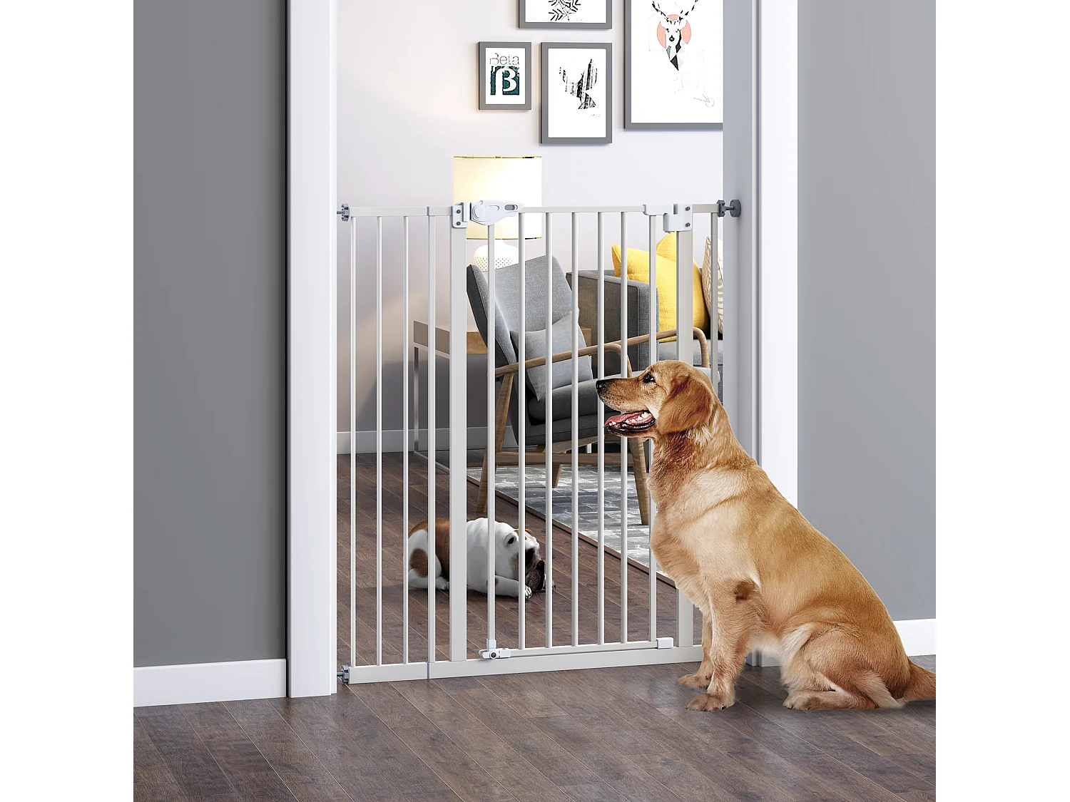 Grille de protection pour porte sans perçage, réglable en largeur, à double verrouillage, métal, blanc (97.5x104.1x3.5 cm)