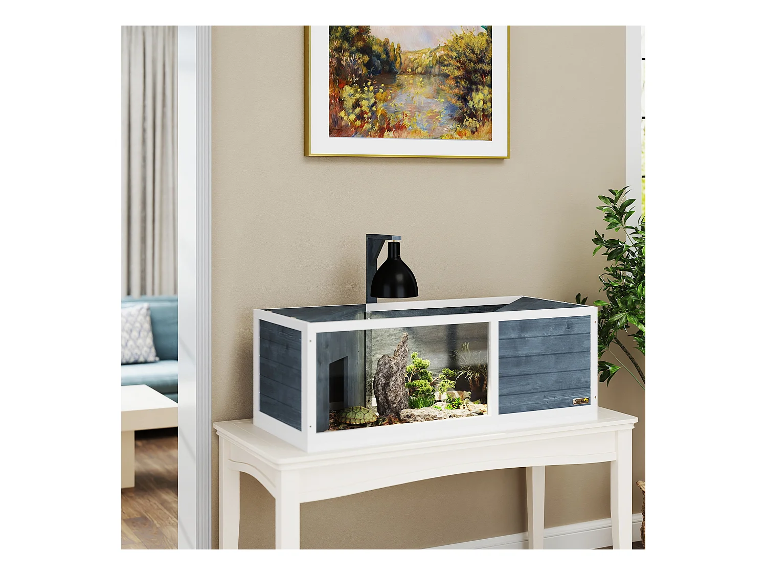 Enclos pour tortue en bois avec deux cabanes, toit ouvrant et façade transparente, gris (120x50x40 cm)