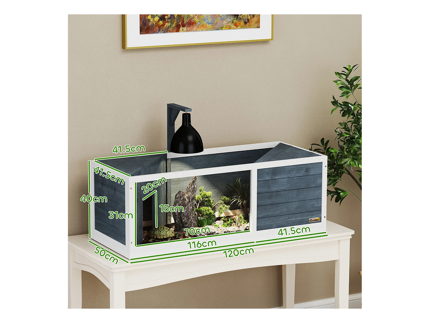 Enclos pour tortue en bois avec deux cabanes, toit ouvrant et façade transparente, gris (120x50x40 cm)