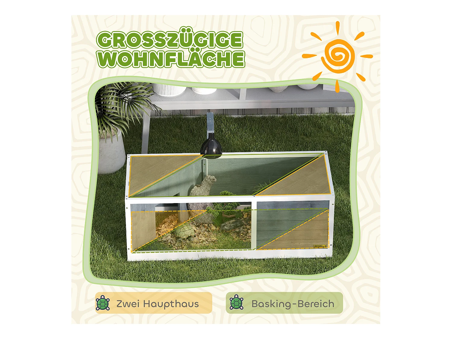 Enclos pour tortue en bois avec deux cabanes, toit ouvrant et façade transparente, gris (120x50x40 cm)