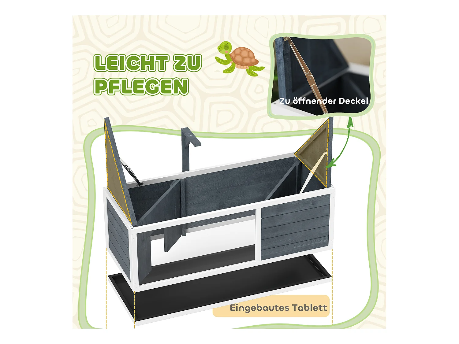 Enclos pour tortue en bois avec deux cabanes, toit ouvrant et façade transparente, gris (120x50x40 cm)