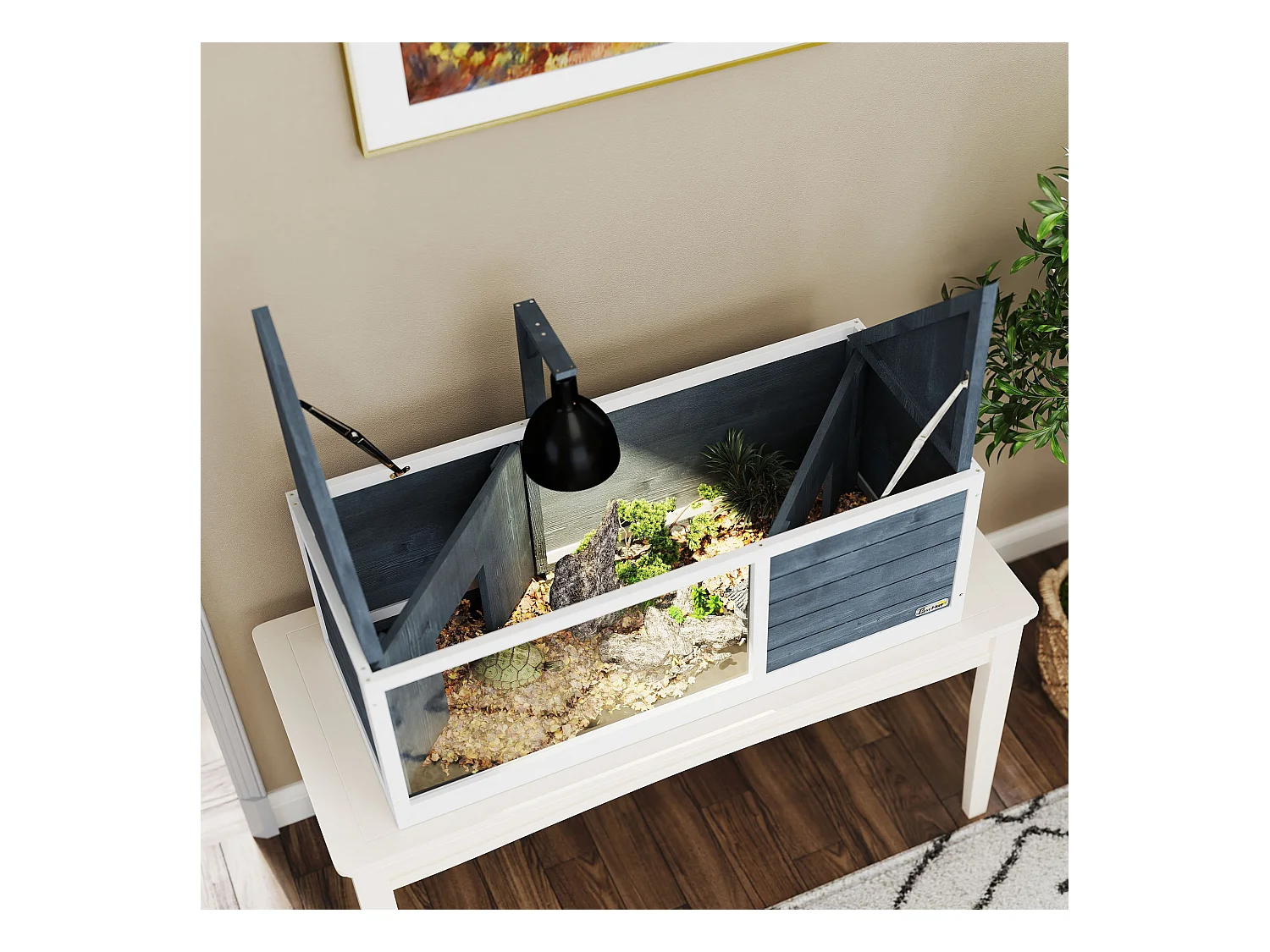 Enclos pour tortue en bois avec deux cabanes, toit ouvrant et façade transparente, gris (120x50x40 cm)