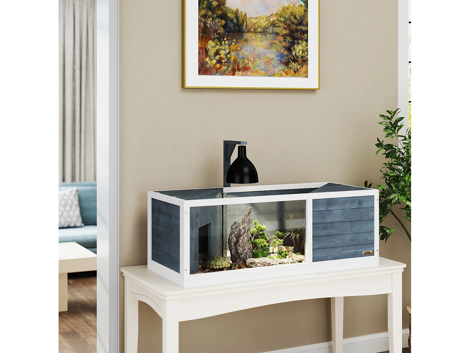 Enclos pour tortue en bois avec deux cabanes, toit ouvrant et façade transparente, gris (120x50x40 cm)