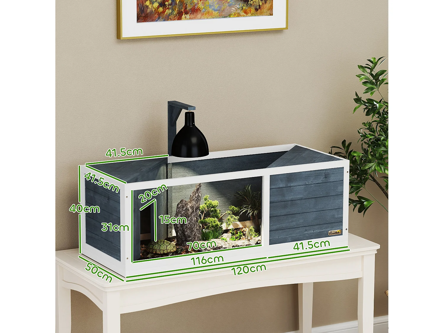 Enclos pour tortue en bois avec deux cabanes, toit ouvrant et façade transparente, gris (120x50x40 cm)