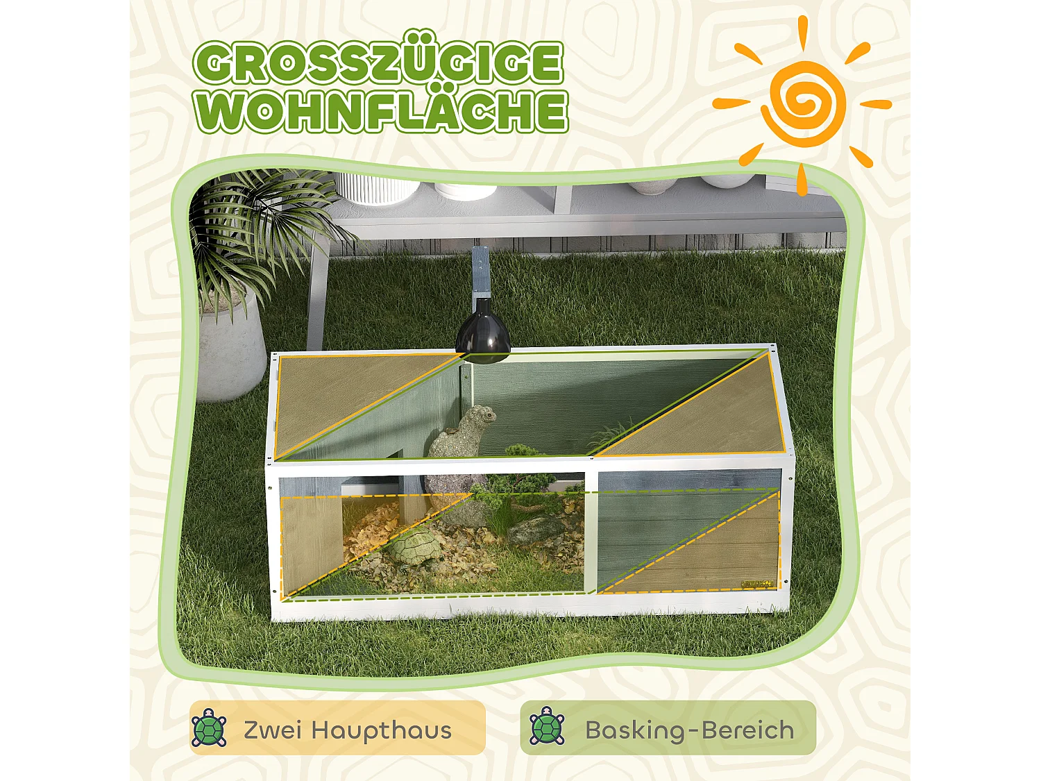 Enclos pour tortue en bois avec deux cabanes, toit ouvrant et façade transparente, gris (120x50x40 cm)