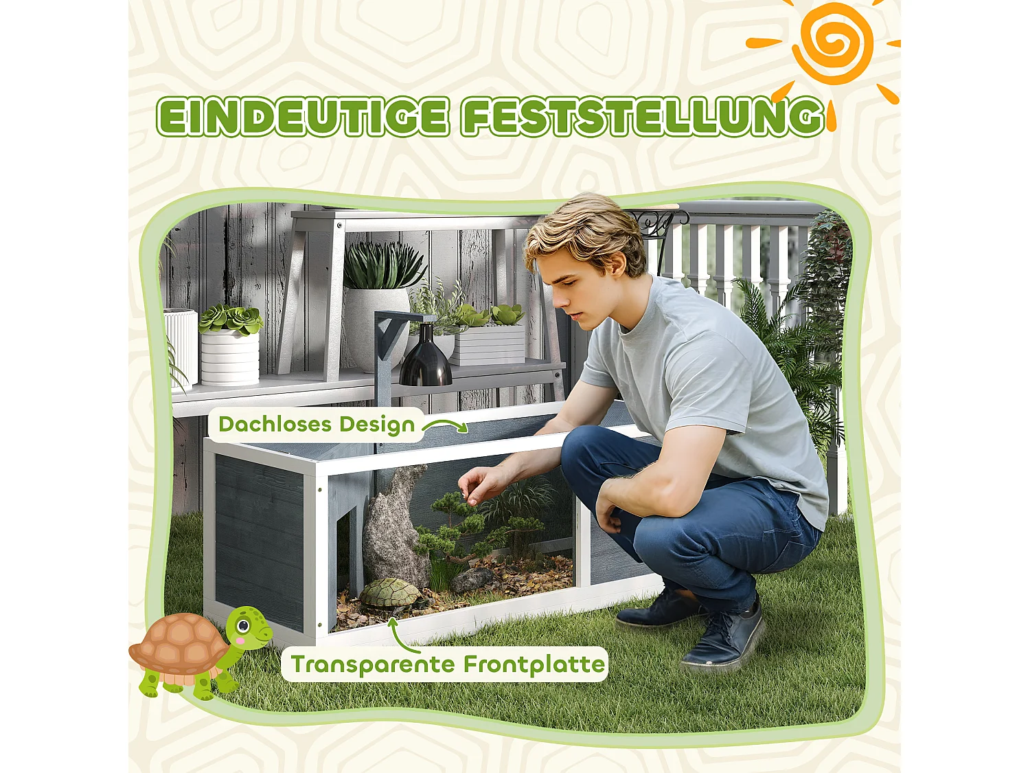 Enclos pour tortue en bois avec deux cabanes, toit ouvrant et façade transparente, gris (120x50x40 cm)