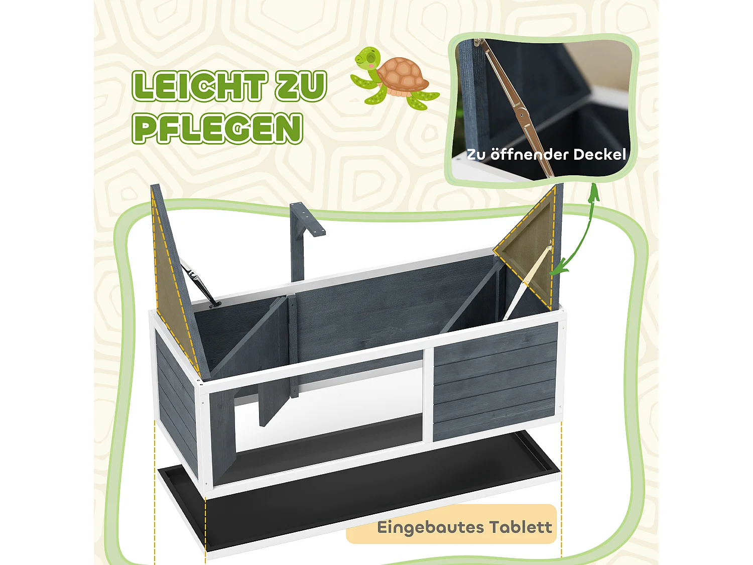 Enclos pour tortue en bois avec deux cabanes, toit ouvrant et façade transparente, gris (120x50x40 cm)