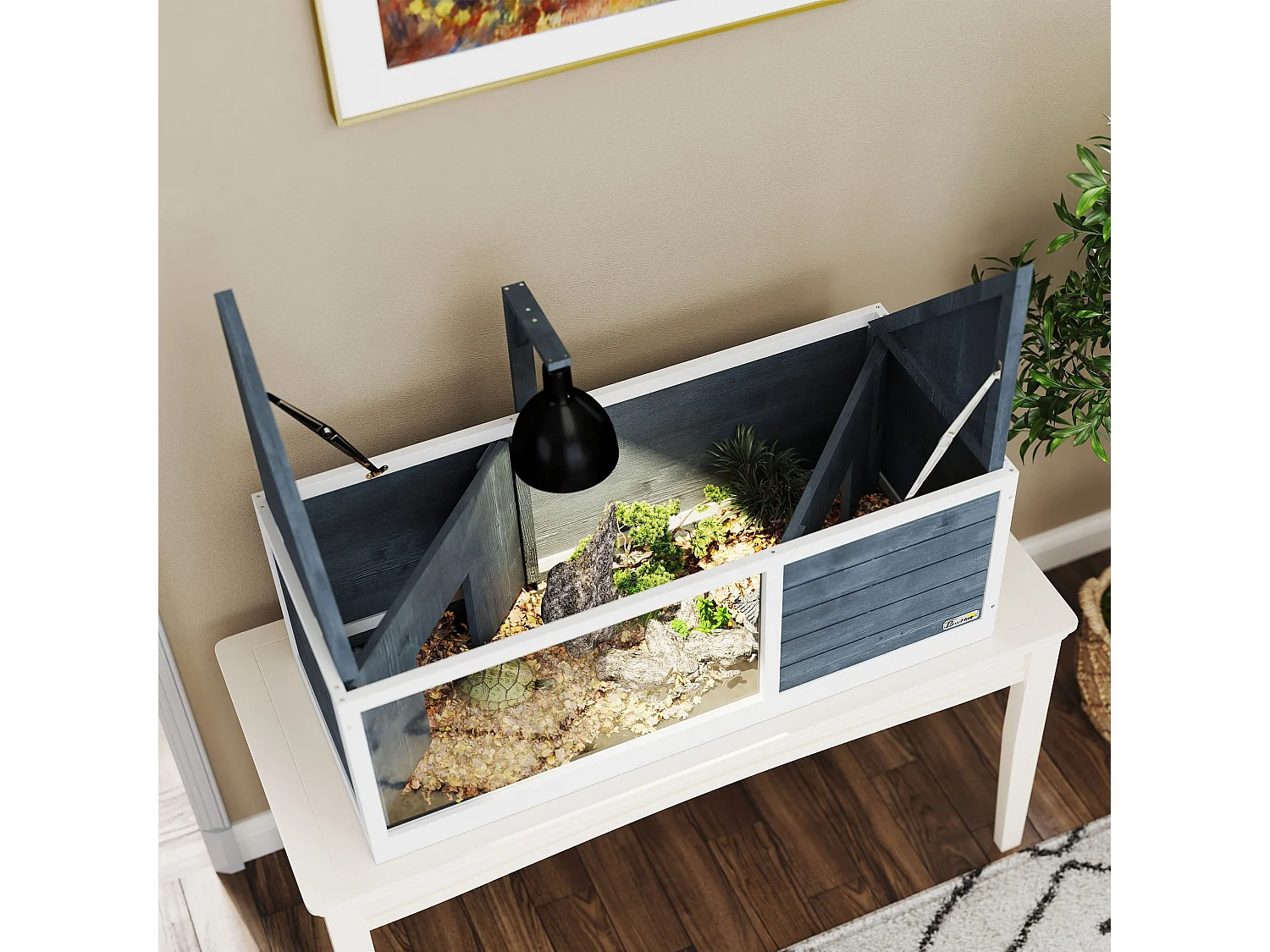 Enclos pour tortue en bois avec deux cabanes, toit ouvrant et façade transparente, gris (120x50x40 cm)