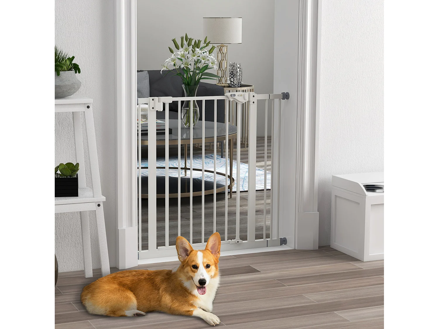 Barrière de sécurité pour chiens et chats, réglable sans perçage, métal et plastique, blanc (74-87x2x77 cm)