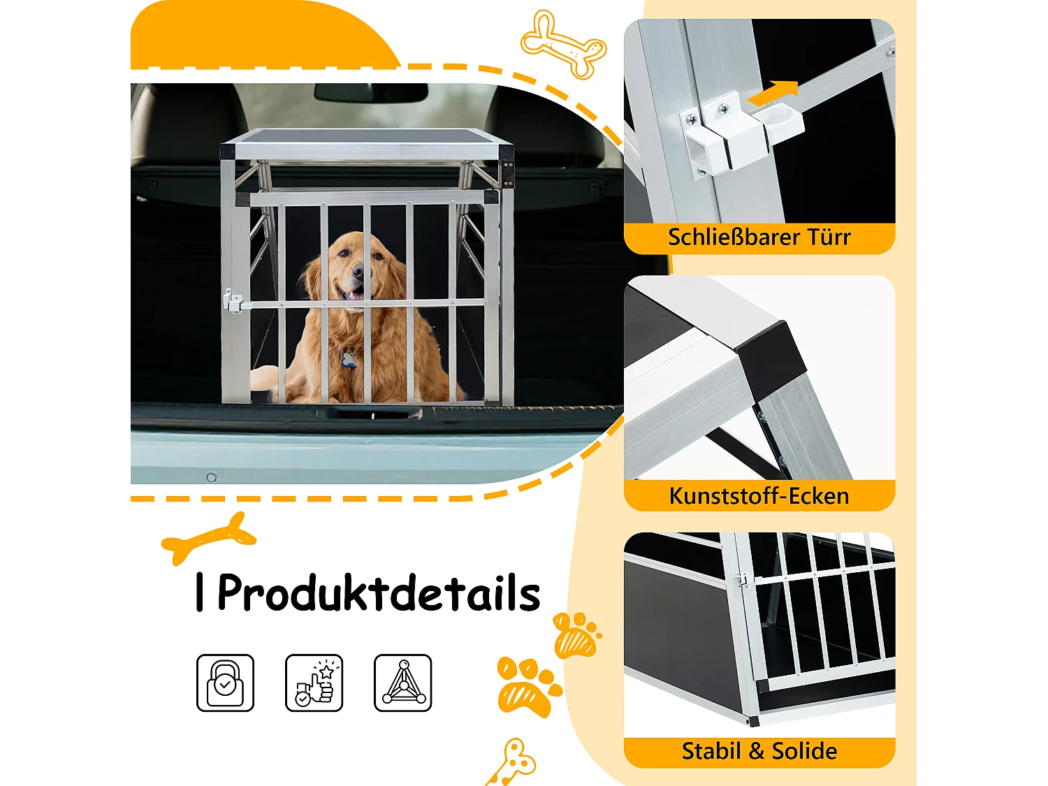 Transportín de aluminio para perros, resistente y ligero, con ventilación, color negro y plateado (60 x 70 x 67,5 cm)