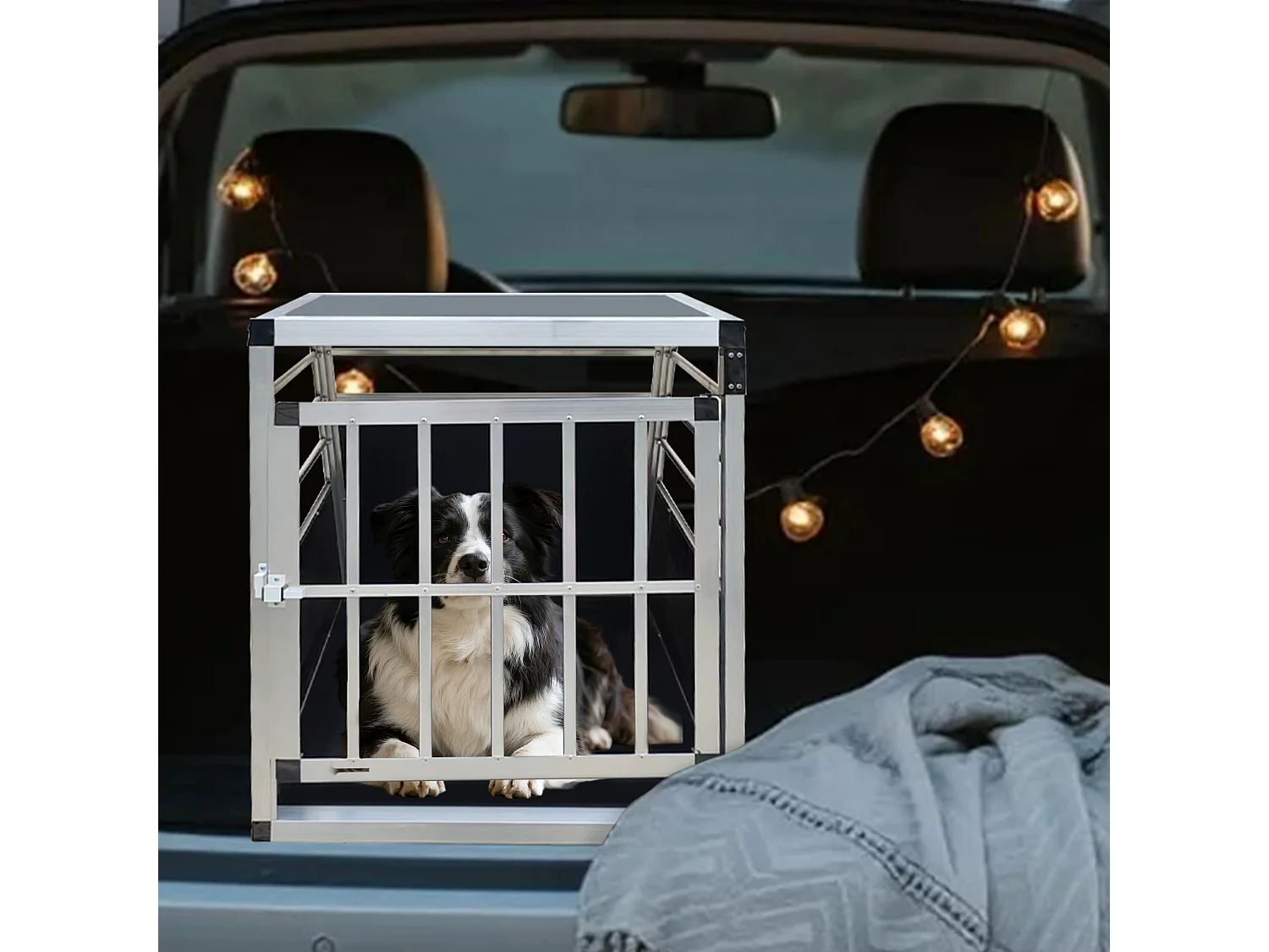 Transportín de aluminio para perros, resistente y ligero, con ventilación, color negro y plateado (60 x 70 x 67,5 cm)