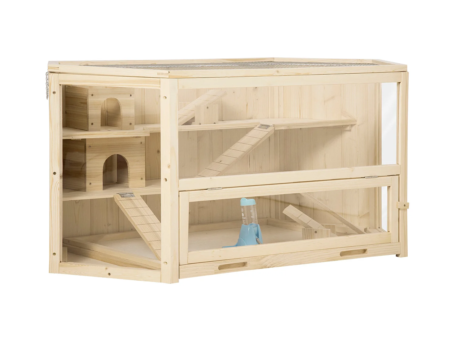 Cage pour petits animaux avec rampe, balançoire et bac amovible, en bois de sapin (115x60x55 cm)