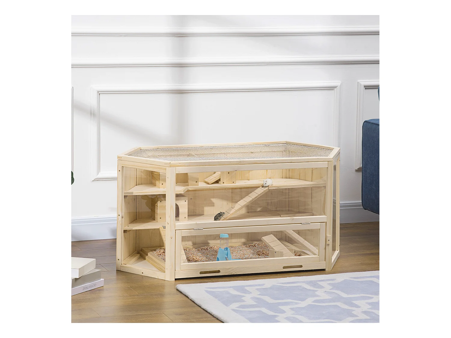 Cage pour petits animaux avec rampe, balançoire et bac amovible, en bois de sapin (115x60x55 cm)