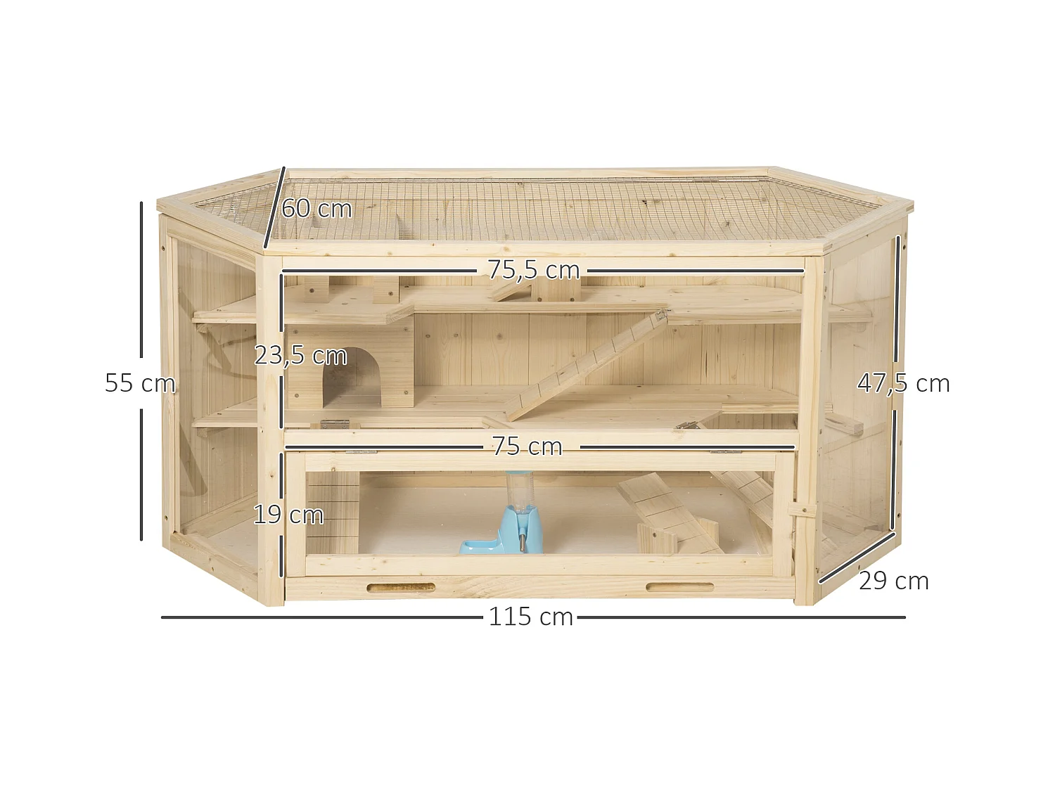 Cage pour petits animaux avec rampe, balançoire et bac amovible, en bois de sapin (115x60x55 cm)
