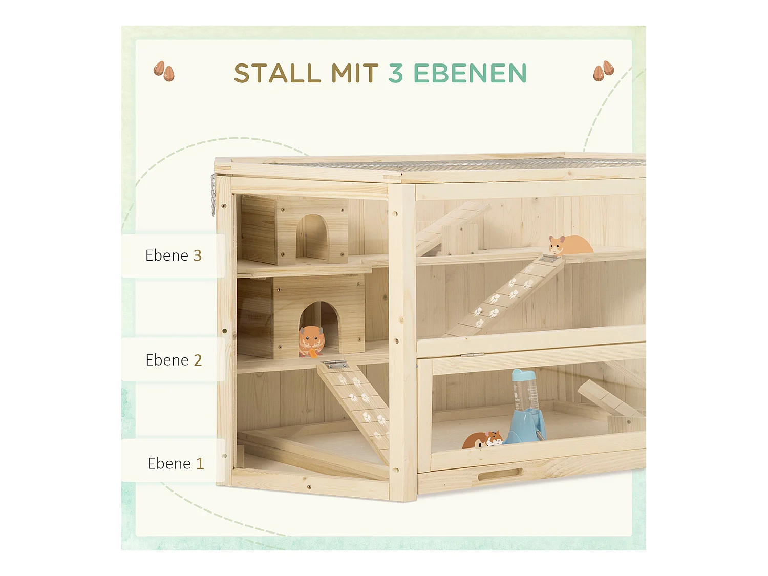 Cage pour petits animaux avec rampe, balançoire et bac amovible, en bois de sapin (115x60x55 cm)