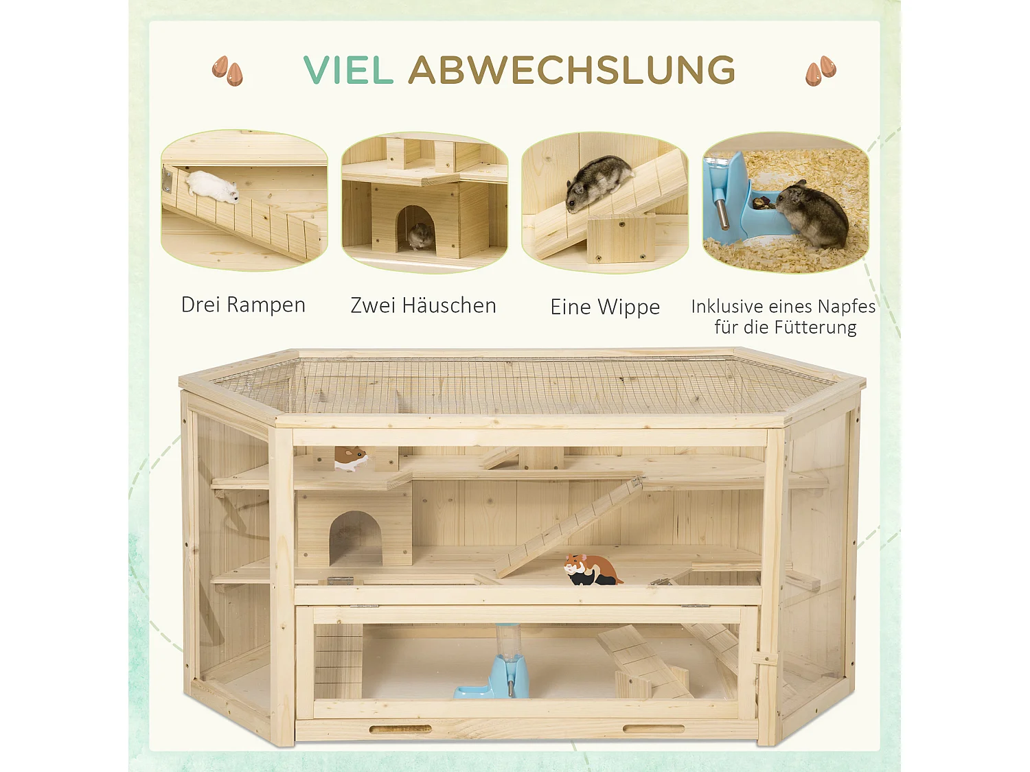 Cage pour petits animaux avec rampe, balançoire et bac amovible, en bois de sapin (115x60x55 cm)