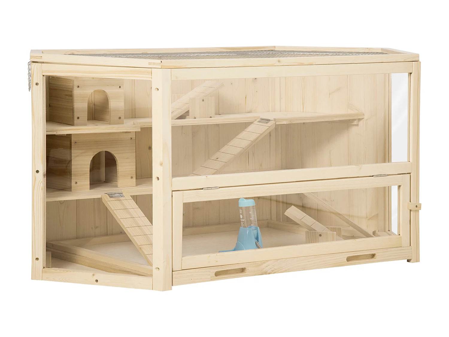 Cage pour petits animaux avec rampe, balançoire et bac amovible, en bois de sapin (115x60x55 cm)