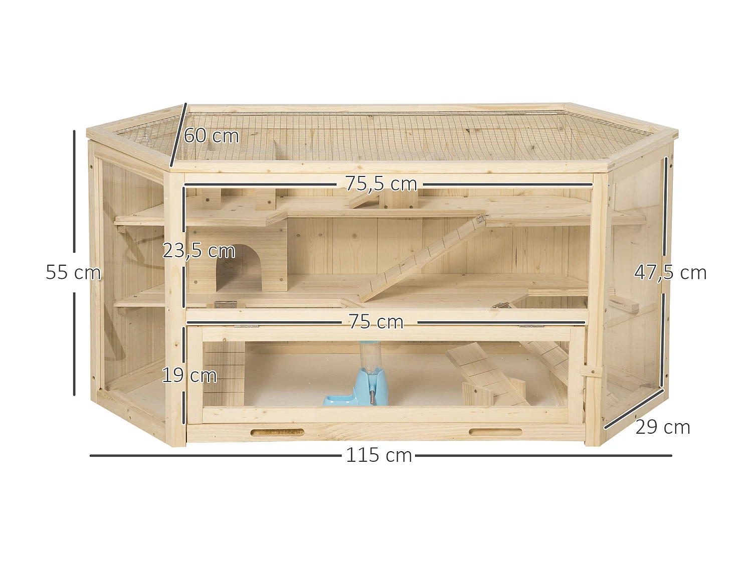 Cage pour petits animaux avec rampe, balançoire et bac amovible, en bois de sapin (115x60x55 cm)