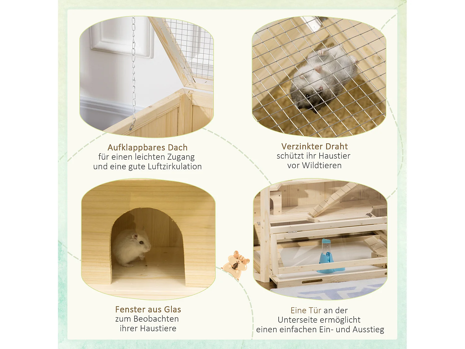 Cage pour petits animaux avec rampe, balançoire et bac amovible, en bois de sapin (115x60x55 cm)