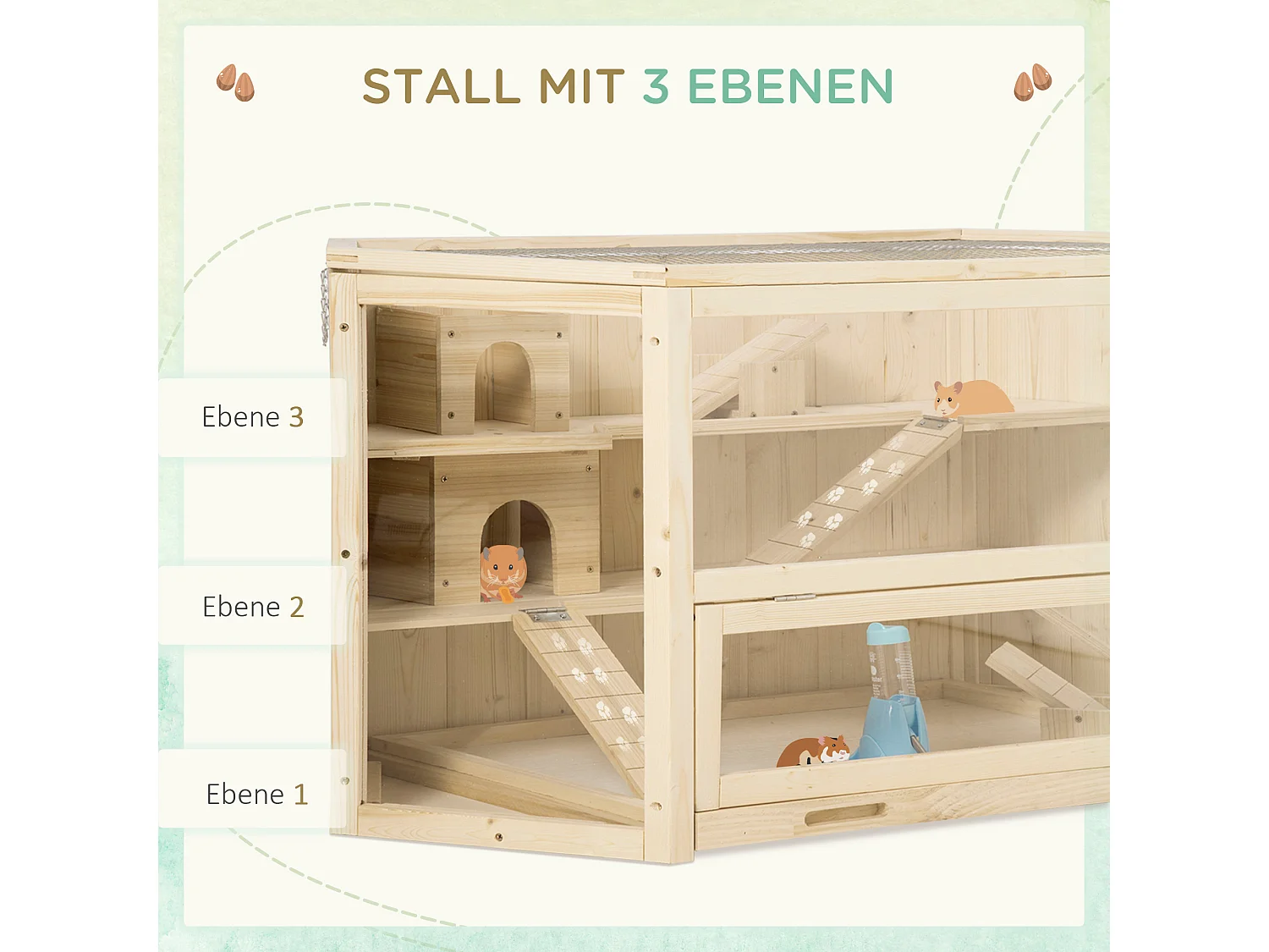 Cage pour petits animaux avec rampe, balançoire et bac amovible, en bois de sapin (115x60x55 cm)