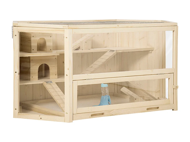 Jaula para animales pequeños con rampa, columpio y bandeja extraíble, fabricada en madera de abeto (115x60x55 cm)