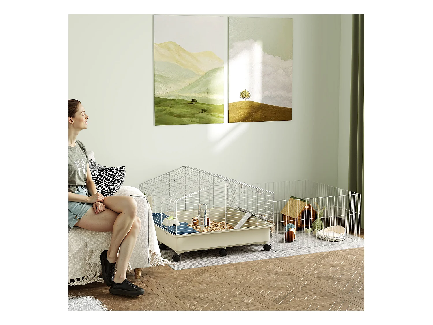 Cage pour petits animaux à deux niveaux avec parc, plastique, multicolore, équipée de rampe, abreuvoir et mangeoire (173x88x63 cm)