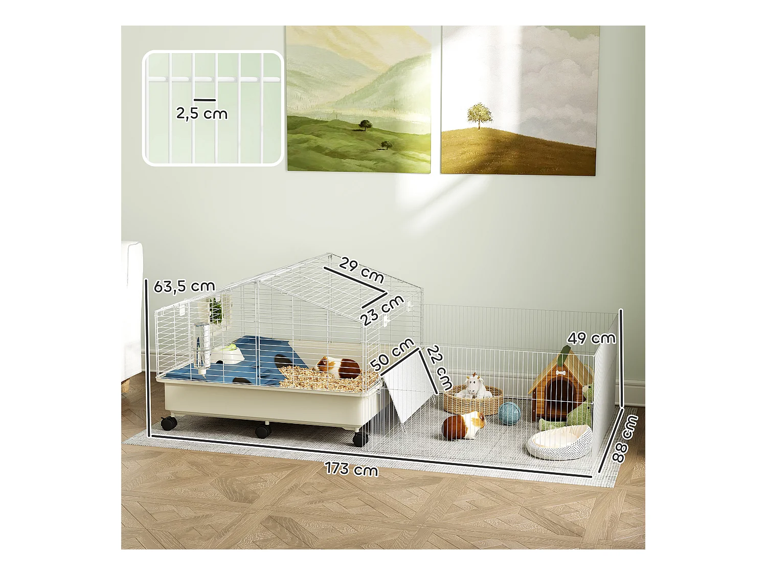 Cage pour petits animaux à deux niveaux avec parc, plastique, multicolore, équipée de rampe, abreuvoir et mangeoire (173x88x63 cm)