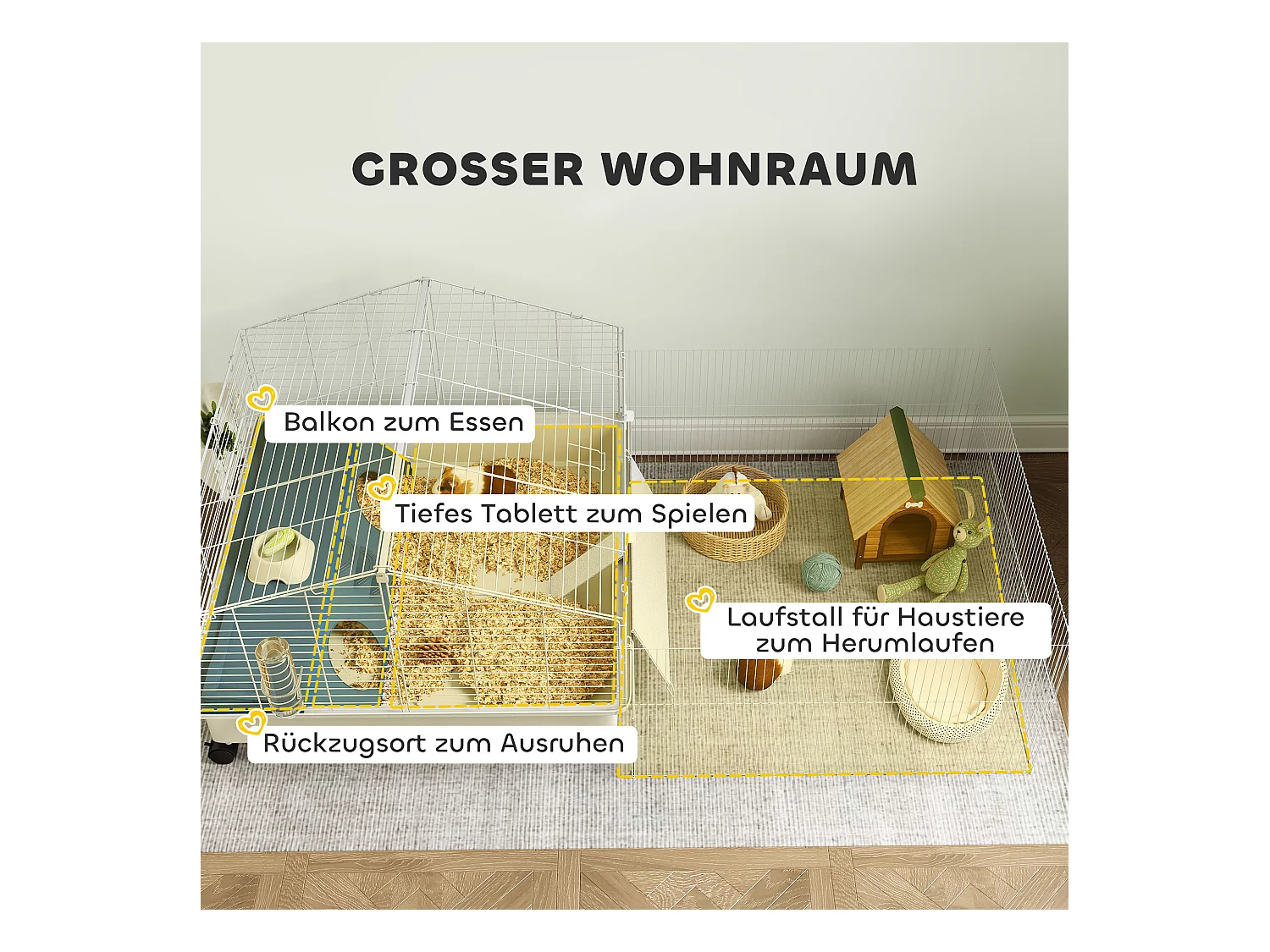 Cage pour petits animaux à deux niveaux avec parc, plastique, multicolore, équipée de rampe, abreuvoir et mangeoire (173x88x63 cm)