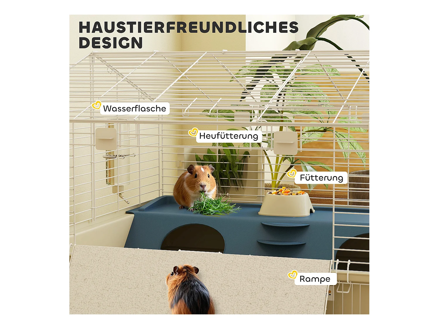 Cage pour petits animaux à deux niveaux avec parc, plastique, multicolore, équipée de rampe, abreuvoir et mangeoire (173x88x63 cm)