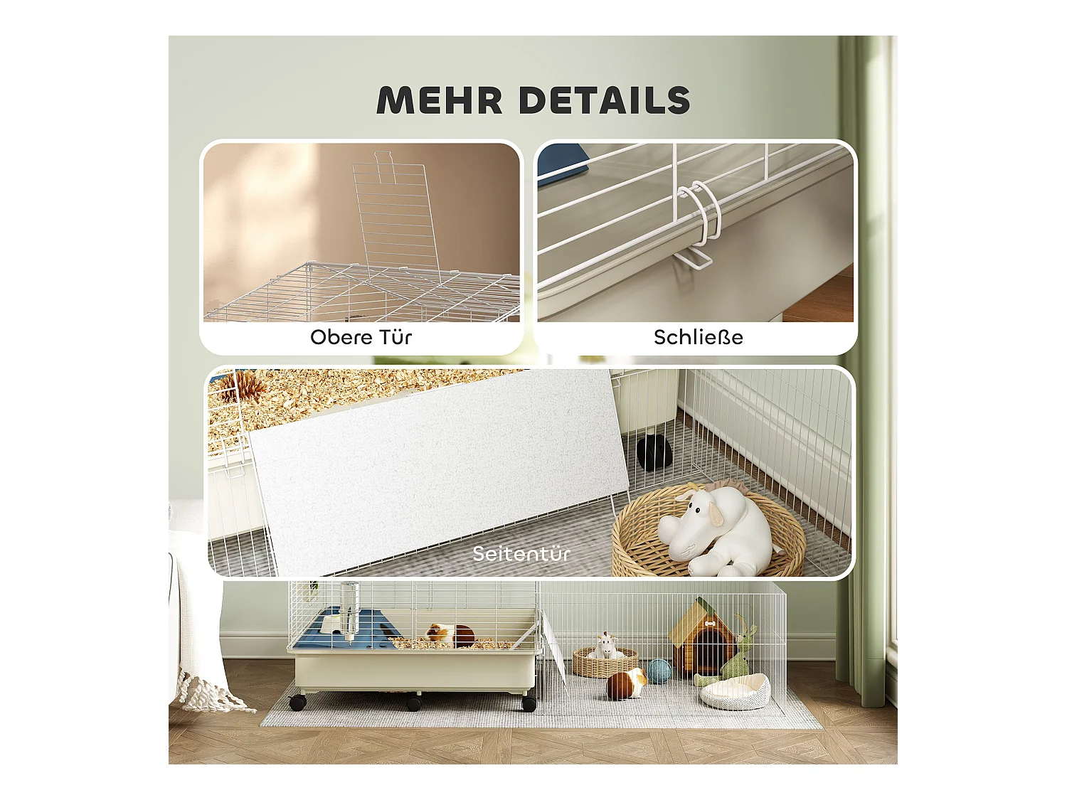 Cage pour petits animaux à deux niveaux avec parc, plastique, multicolore, équipée de rampe, abreuvoir et mangeoire (173x88x63 cm)