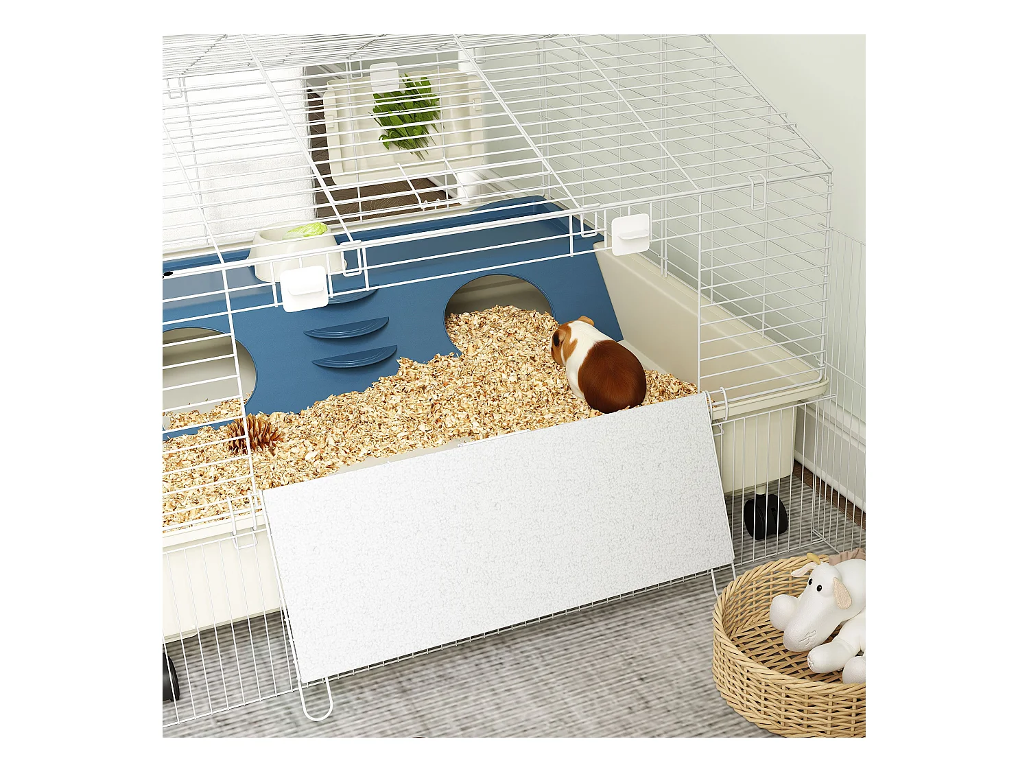 Cage pour petits animaux à deux niveaux avec parc, plastique, multicolore, équipée de rampe, abreuvoir et mangeoire (173x88x63 cm)