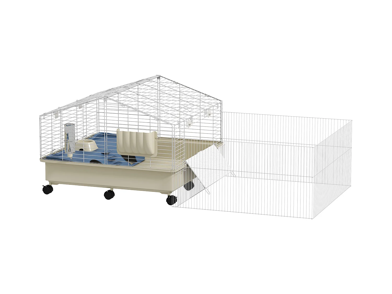 Cage pour petits animaux à deux niveaux avec parc, plastique, multicolore, équipée de rampe, abreuvoir et mangeoire (173x88x63 cm)