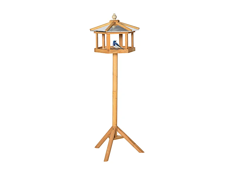 Mangeoire pour oiseaux hexagonale avec toit en zinc, pied stable, bois de sapin, naturel (40x40x113cm)