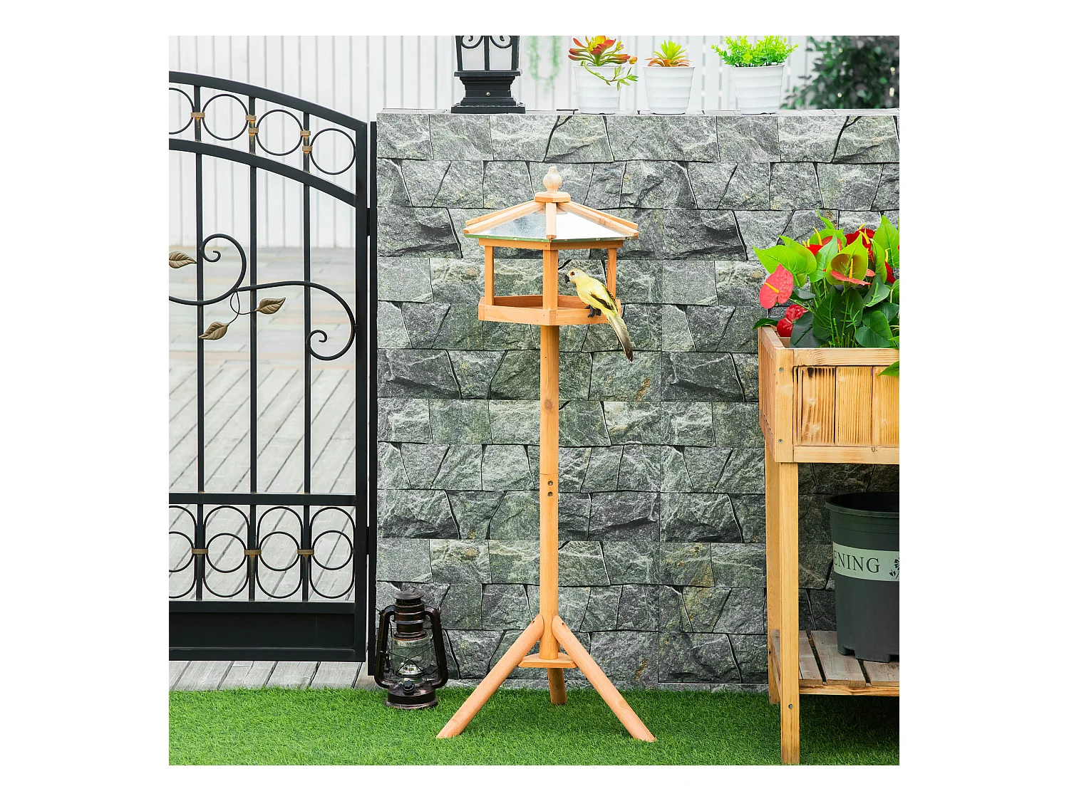 Mangeoire pour oiseaux hexagonale avec toit en zinc, pied stable, bois de sapin, naturel (40x40x113cm)