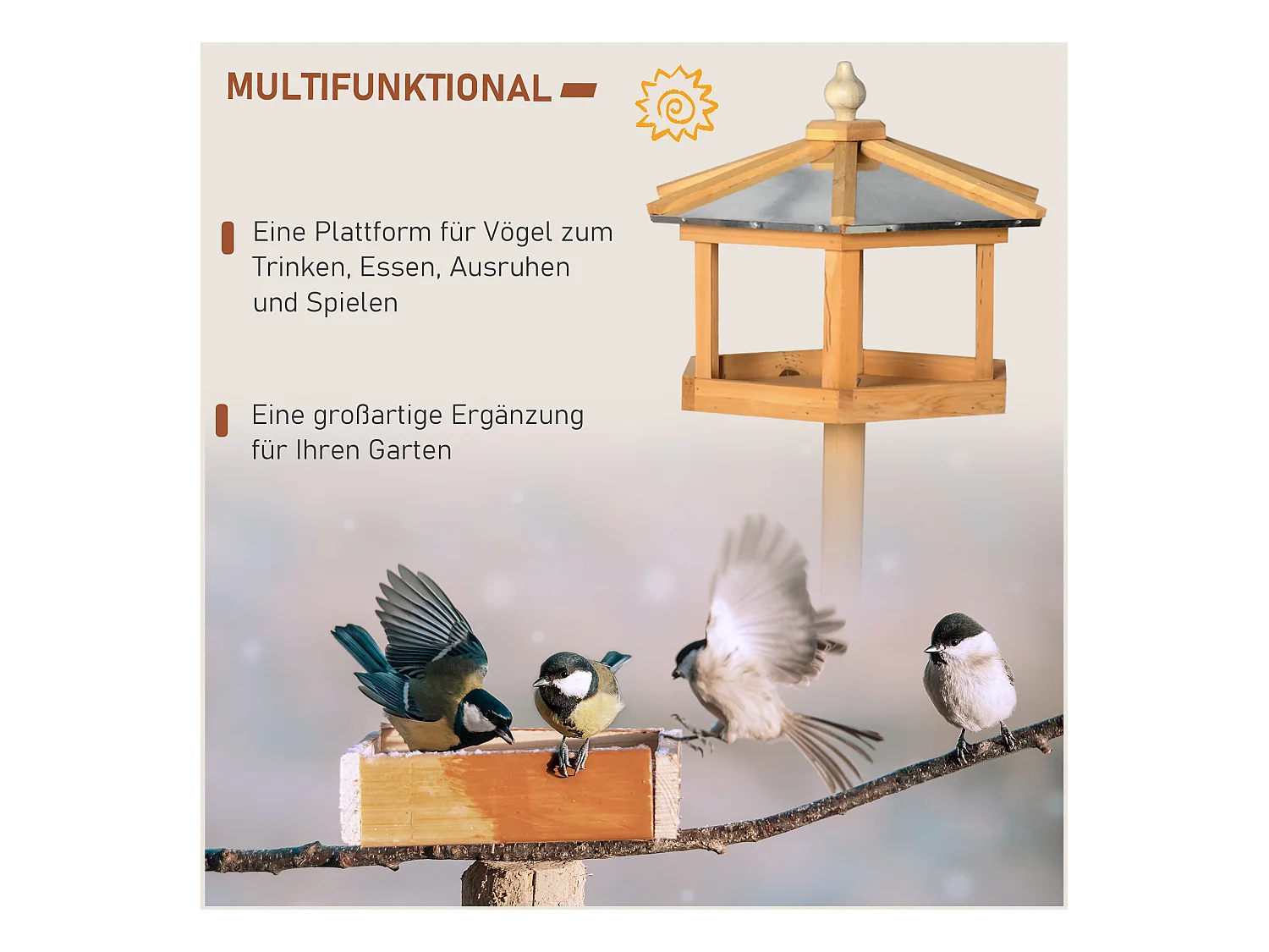 Mangeoire pour oiseaux hexagonale avec toit en zinc, pied stable, bois de sapin, naturel (40x40x113cm)