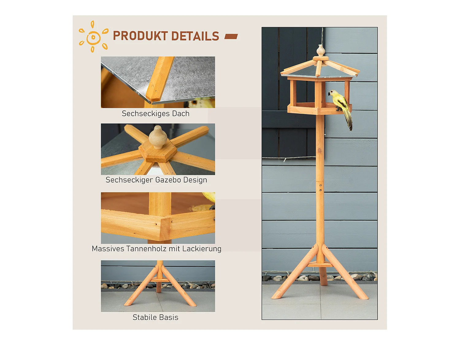 Mangeoire pour oiseaux hexagonale avec toit en zinc, pied stable, bois de sapin, naturel (40x40x113cm)